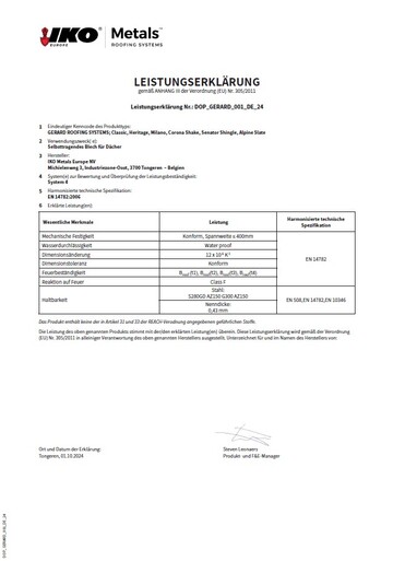 LEISTUNGSERKLÄRUNG: Classic, Heritage, Milano, Corona Shake, Senator Shingle, Alpine Slate